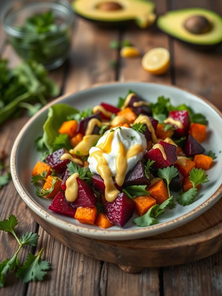 Roasted Beet, Sweet Potato & Avocado Salad with Whipped Ricotta & Lemon-Tahini Drizzle
